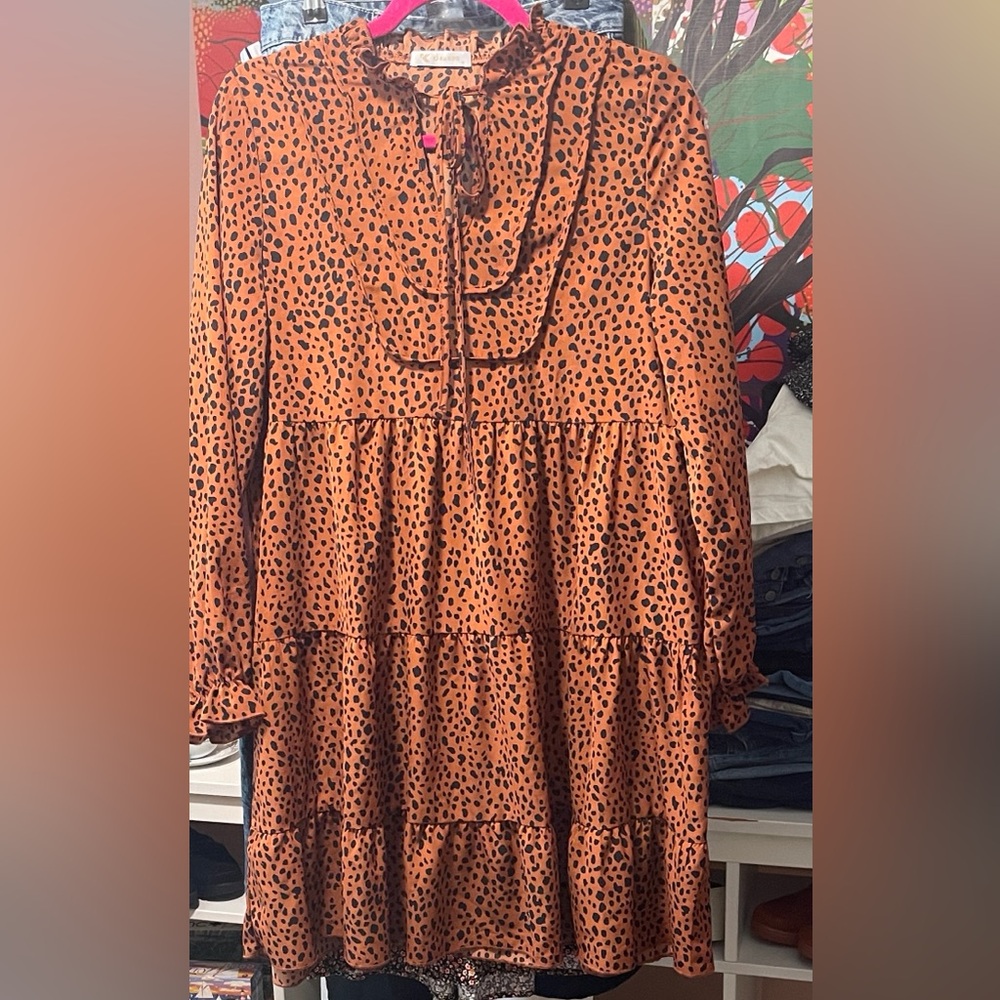 KURU Rust Orange and Black Leopard-Print Tiered Long-Sleeve Dress